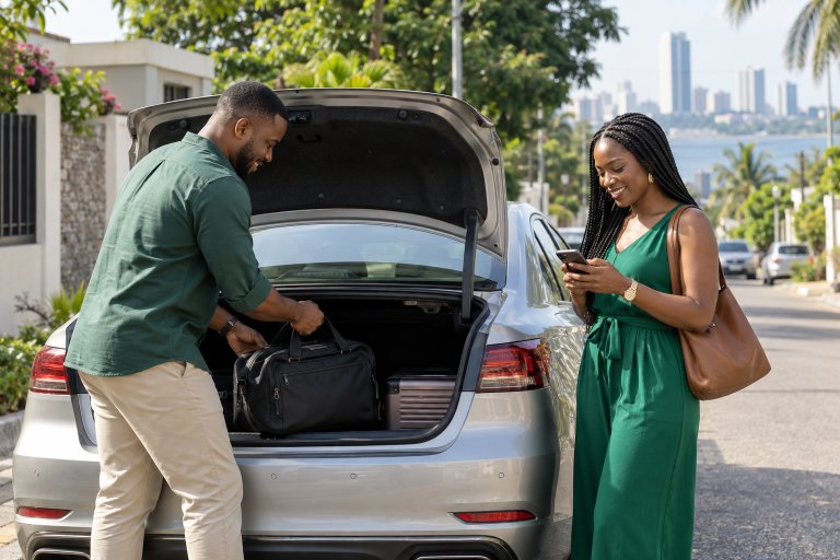 Un chauffeur prépare les bagages tandis qu’une passagère consulte son téléphone avant le départ.