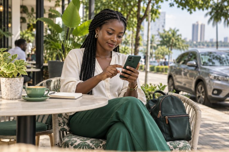 Une passagère organise son prochain déplacement sur son téléphone à la terrasse d’un café.